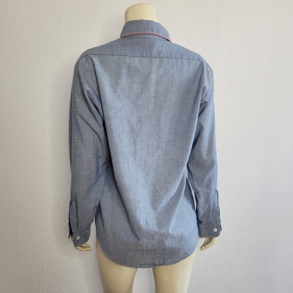 70s Chambray shirt with floral embroidery Vintage - Picture 2 of 6